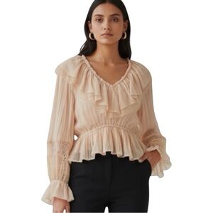 NWT Caroline Constas Peach Cream Ruffle Peplum Lace Pleated Blouse